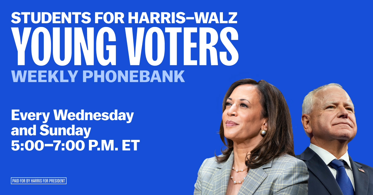 Join us for a dynamic youth voter phone bank as we mobilize young voters for the upcoming election!

This virtual event is designed to empower youth volunteers to engage with their peers, encourage voter registration, and ensure that every voice is heard. Whether you're experienced or new to phone banking, we'll provide all the training and resources you need.

Together, we can make a difference and increase youth voter turnout!

Every week we have special guests.