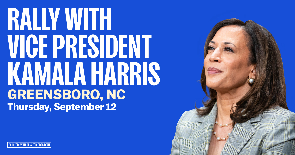 Join us for a campaign rally on Thursday, September 12th with Vice President Kamala Harris!

The event will take place in the evening. **Final event time and location to be announced to confirmed guests only.**

This RSVP is required for the event, but does not guarantee admission.