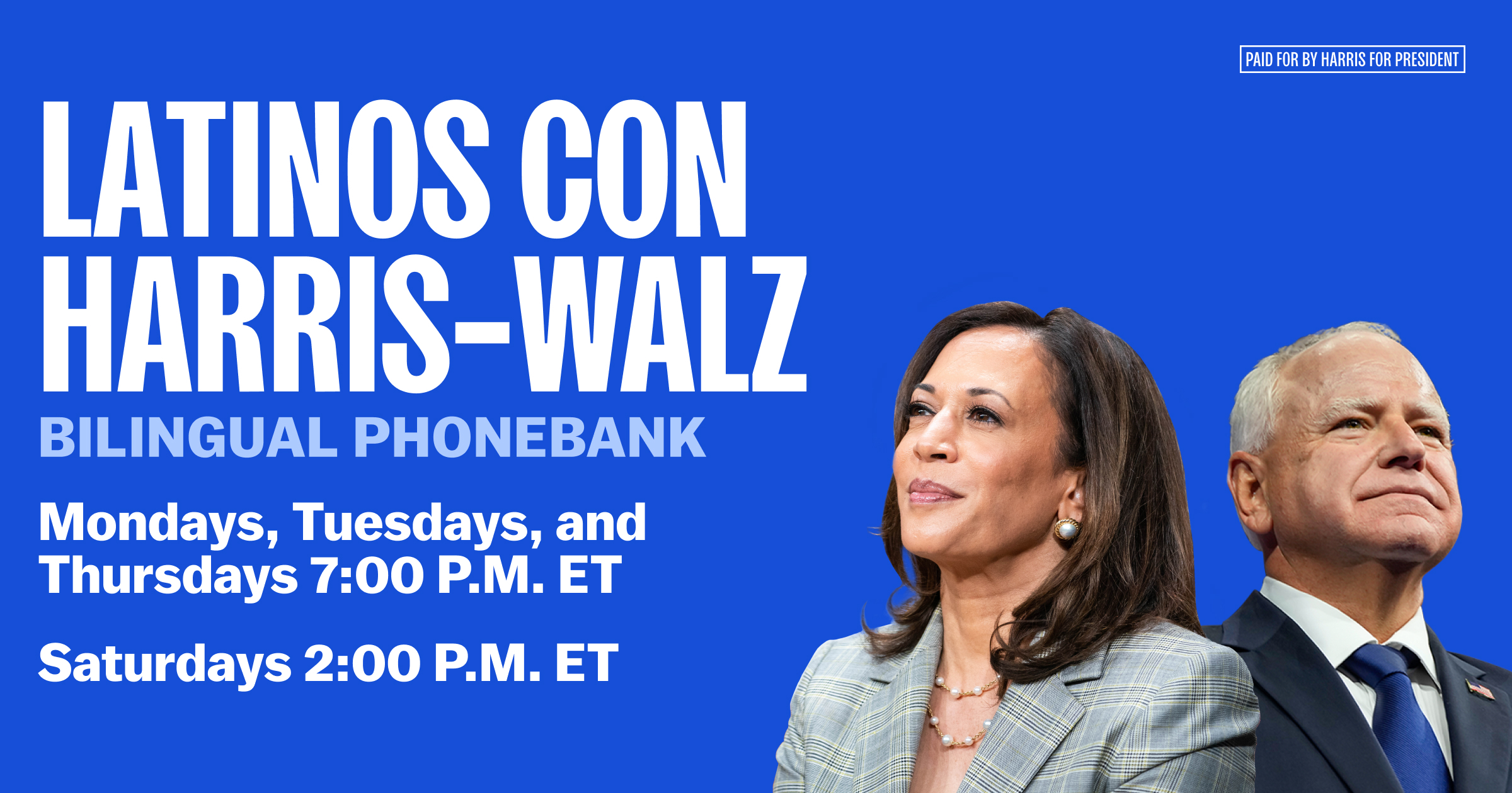 Join us for a virtual phone bank to speak to voters in English and Spanish across the country. We will make bilingual calls, focusing on priority states nationwide! Virtual training sessions will be held on Zoom, and we will be available to answer any questions you have during the call. 

There is so much at stake this election. Your participation is vital to ensure we elect Democrats up and down the ballot.

-------

Acompañanos en nuestro banco de llamadas para hablar con votantes en  inglés y español en todo el país. ¡Haremos llamadas bilingües, enfocándonos en estados prioritarios a nivel nacional! Las sesiones seran virtuales se llevarán a cabo por Zoom y estaremos disponibles para responder cualquier pregunta que tenga durante la llamada. 

Hay mucho en juego en estas elecciones. Su participación es vital para garantizar que elijamos demócratas en todas partes de la boleta.