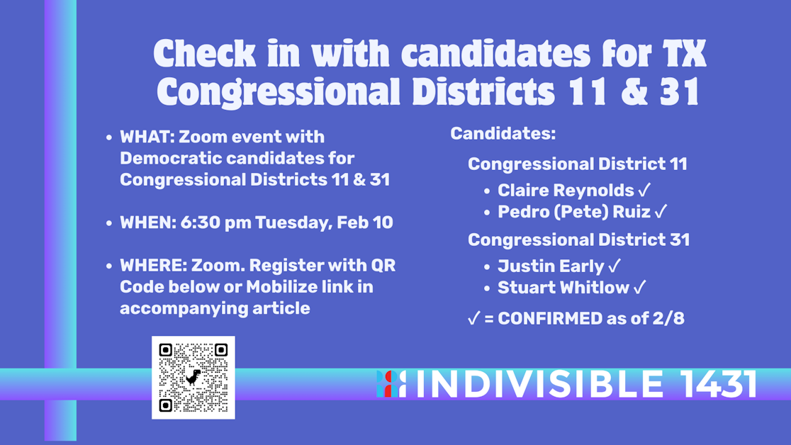 Indivisible 1431 Candidate Check In for CD 11, CD 31 · Indivisible 1431