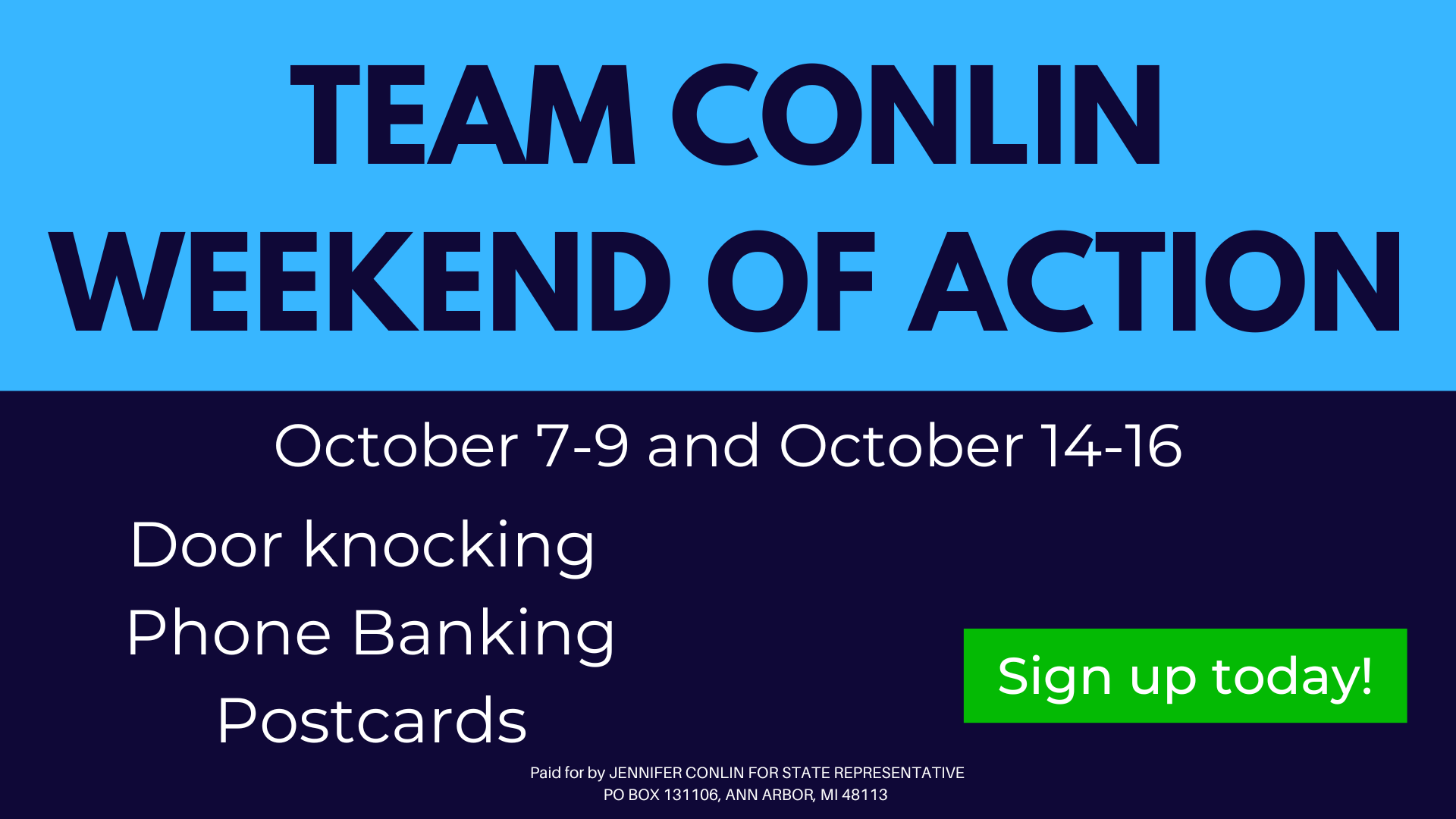 et details and sign up for "Weekends of Action for Conlin" hosted by Jennifer Conlin for State Rep