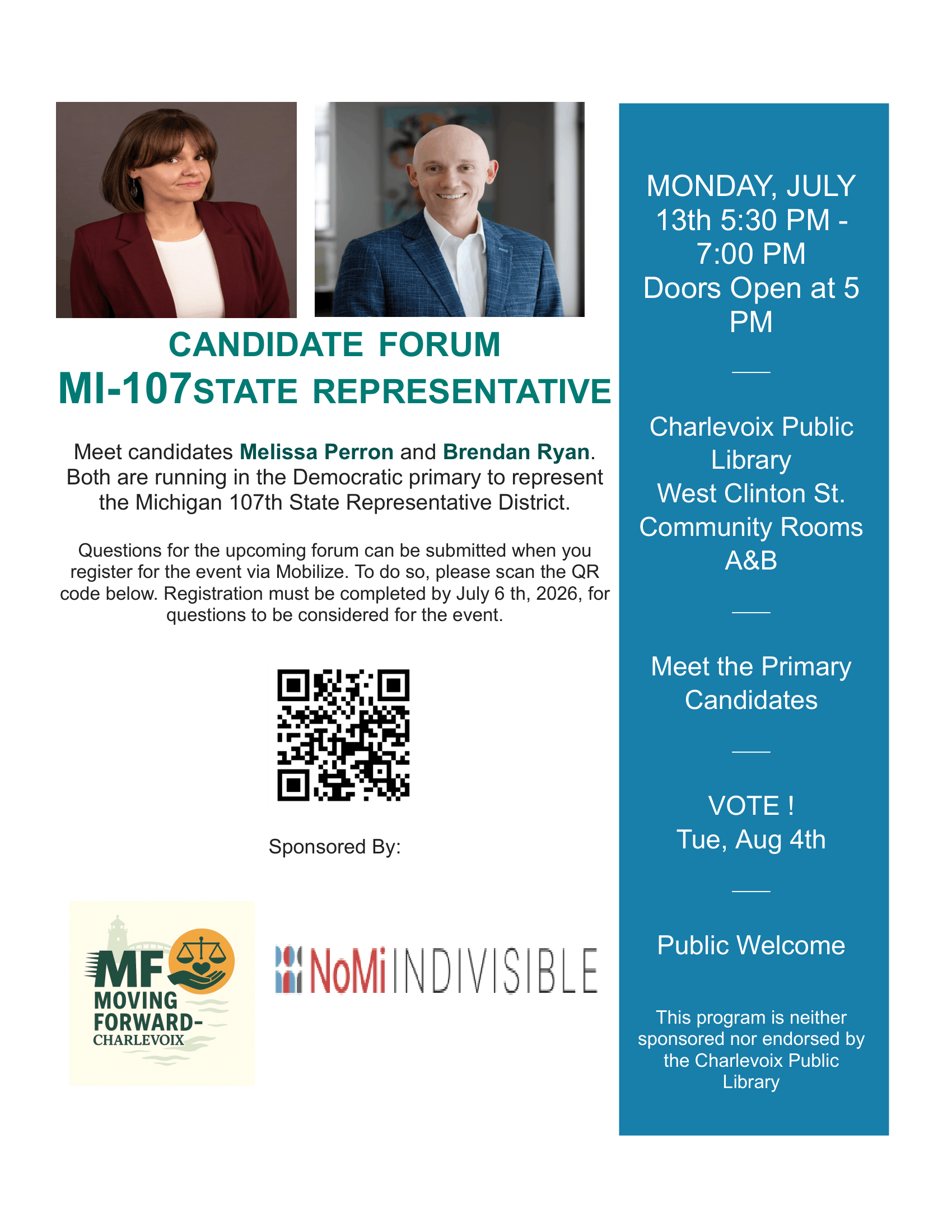 MI-107 State Representative Candidate Forum: July 13 5:00pm - 7:00pm
