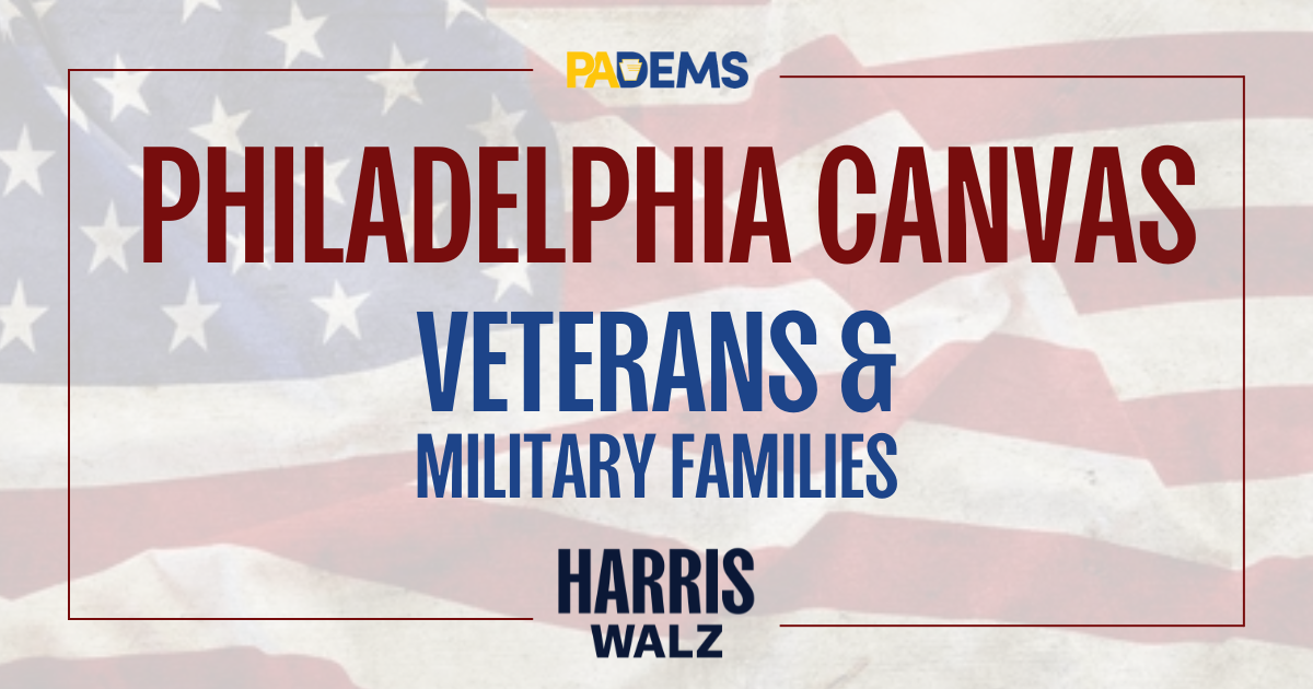 Join Veterans and Military Families for Harris-Walz in Canvassing for Change!

Are you ready to make a difference in this crucial election? Join fellow veterans, military families, and dedicated supporters as we canvass for Kamala Harris and Tim Walz! Kamala Harris has been [delivering real results for Pennsylvania](https://drive.google.com/file/d/1lZPBpKPapxCWU_zOrqMyjecpUzEdGkO7/view?usp=sharing), fighting to increase wages, protect union jobs, and secure landmark infrastructure investments that are creating thousands of good-paying jobs across the state. From advocating for affordable childcare to expanding access to veteran healthcare, VP Harris has consistently stood with Pennsylvania’s working families and [veterans](https://drive.google.com/file/d/1fWEA9aQ5MgvILFb4TlYDg50sZBJUD2_9/view?usp=sharing).

Let’s take these successes to the streets and talk to voters about how Harris and Walz will continue to build a future that honors veterans, supports military families, and strengthens our communities. 

No experience necessary—just bring your passion and commitment! Together, we can elect leaders who fight for all of us.

Sign up today!

After you register for this event please do these next two things:

1. Register for our [Weekly Zoom Call](https://www.mobilize.us/2024pavictory/event/655823/) - Every Thursday at 7pm (EST)

2. Register for our [VMF Mobilize Group](https://www.mobilize.us/2024pavictory/event/669191/) to check out all of our upcoming events and stay informed on what's happening near you!