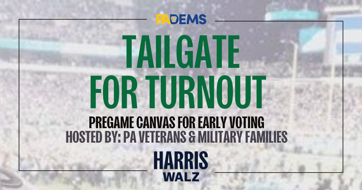 Tailgate for Turnout 
Hosted by PA Veterans and Military Families for Harris-Walz.

Update: Good morning! We’re under the pine tree near M1- here’s a picture and a map!

https://x.com/vetsforharris/status/1845435112273399870?s=46


Having trouble finding it? Text me. 
Best!

Jack
856-669-8542
——-


Join us as we rally before the game in support of Vice President Kamala Harris and Governor Tim Walz! This event offers a unique opportunity to connect with passionate Eagles fans before game time in the M-Lot of Lincoln Financial Field. 

Together, we’ll energize voters to support not only our presidential ticket but also Senator Bob Casey and candidates up and down the ballot in this crucial election.

Specific meetup details will be sent to registrants!

After you register for this event, please complete the following two steps:

1. Register for our [Weekly Zoom Call](https://www.mobilize.us/2024pavictory/event/655823/) - Every Thursday at 7pm (EST)

2. Register for our [VMF Mobilize Group](https://www.mobilize.us/2024pavictory/event/669191/) to check out all of our upcoming events and stay informed on what's happening near you!