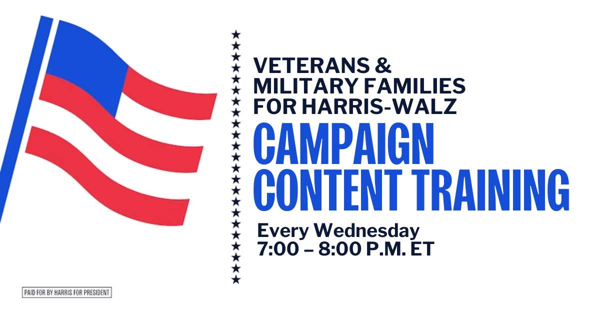 Join fellow Veterans and Military Families for a Campaign Content Training on how to engage with voters through the Reach app, our tool for online organizing, where you can access libraries of content and receive updates on priority messaging.