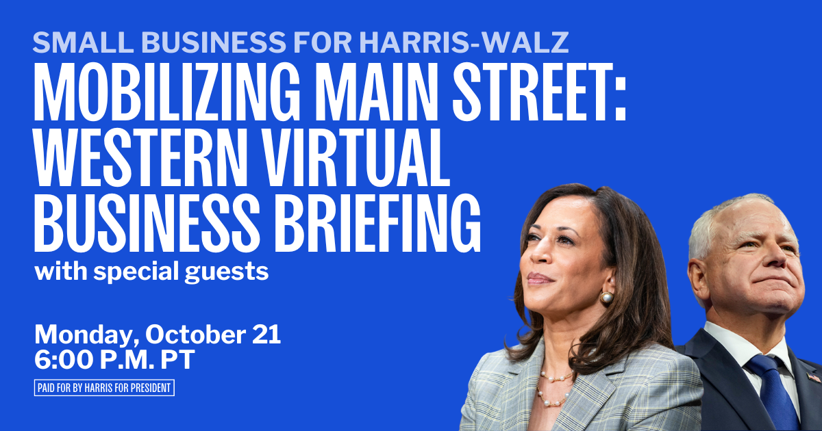 Are you a small business owner or supporter interested in getting involved in the Harris-Walz campaign? Join us for a virtual briefing hosted by Small Business for Harris-Walz with special guest Joy Hoover, Owner of Esōes Cosmetics and local business owners who will discuss the vital role that all small businesses can play in organizing and mobilizing voters ahead of election day on November 5th.

Learn strategies to engage your community, amplify key messaging, host campaign events, recruit and train volunteers, and ensure that small businesses are at the forefront of getting out the vote.