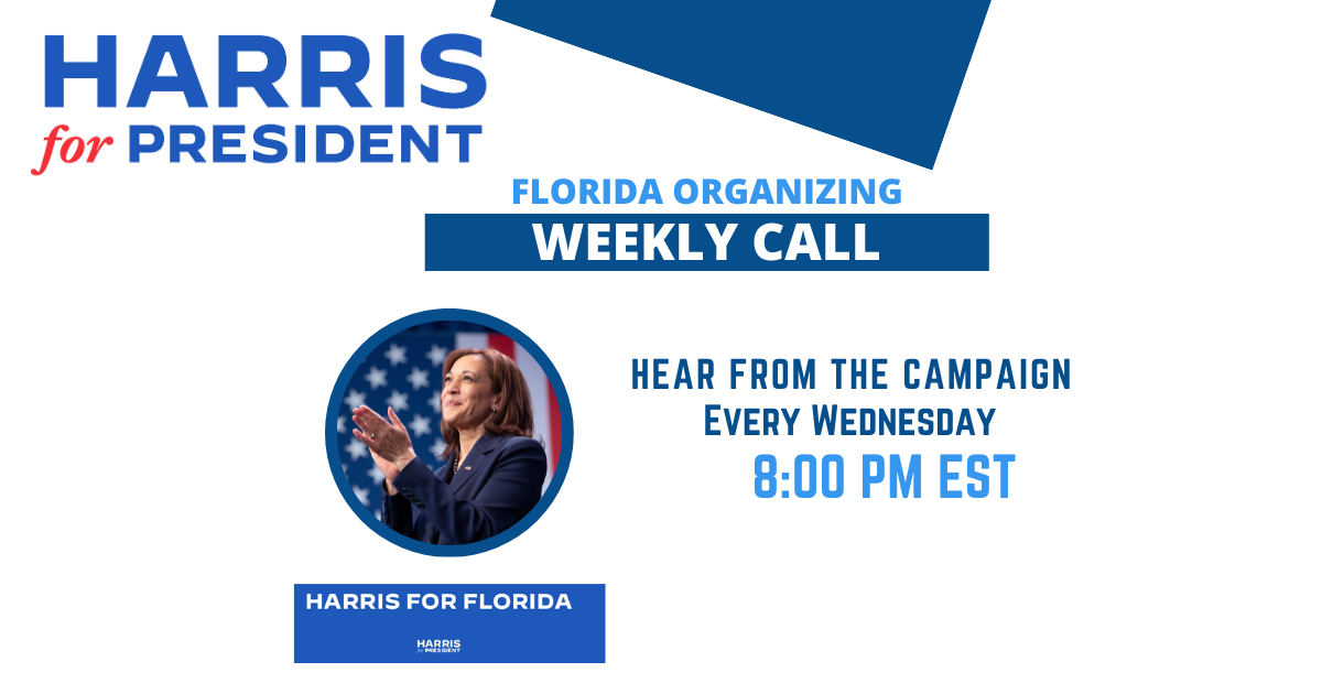 Get involved with the Harris for President campaign in Florida!

Following President Biden’s decision not to seek reelection, Vice President Harris is ready to “earn and win” the Democratic nomination. She is the one best positioned to unite our party and beat Donald Trump.

Sign up to receive weekly updates and get involved with the Harris for President campaign! We need all hands on deck to help create the long-term changes we are all hoping to see. Join the movement now! We have a range of activities that are vital to setting us up for success in November and building long-lasting infrastructure in Florida. No matter your experience level, we are happy to give you the support and training you need. Join us and Florida leaders for this weekly engagement.